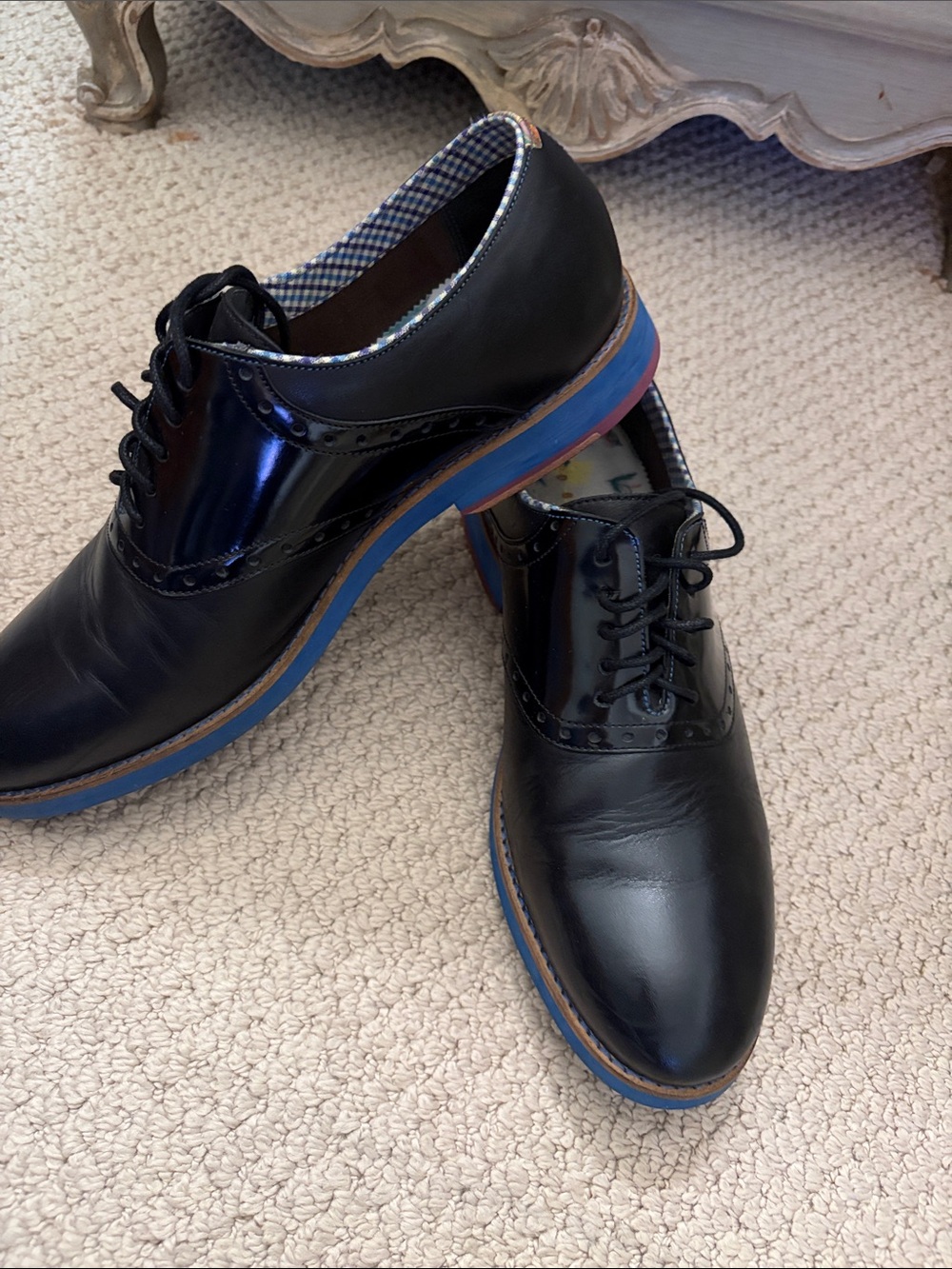 Ted Baker London Black Leather Derby Shoes with Blue and Tan Sole Accents